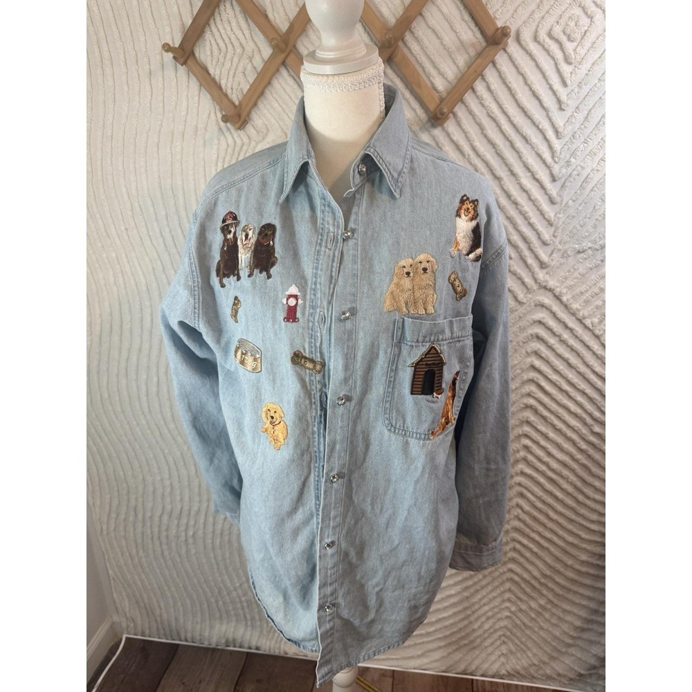 VTG Women's Blue Denim Shirt Long Sleeve Dog Embroidery Pockets sparkly buttons
